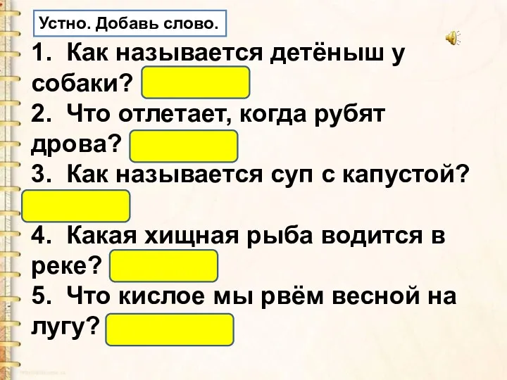 1. Как называется детёныш у собаки? (Щенок) 2. Что отлетает,