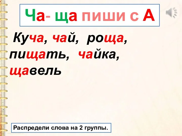 Ча- ща пиши с А Куча, чай, роща, пищать, чайка, щавель Распредели слова на 2 группы.