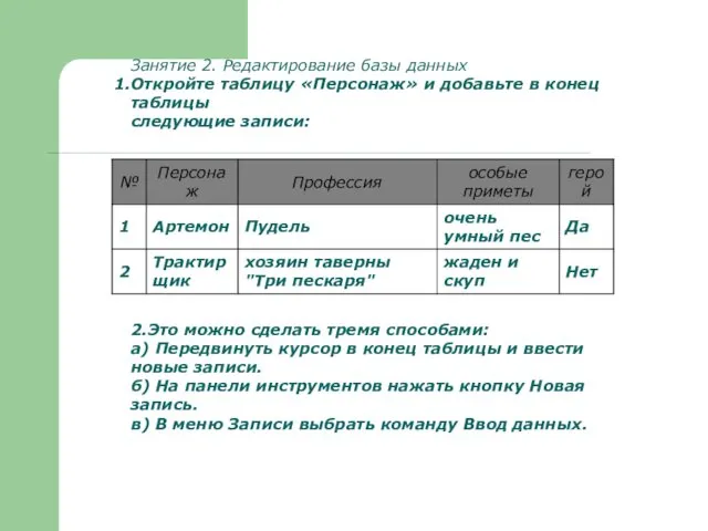 Занятие 2. Редактирование базы данных Откройте таблицу «Персонаж» и добавьте