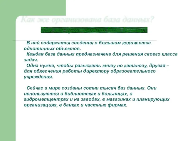 Как же организована база данных? В ней содержатся сведения о