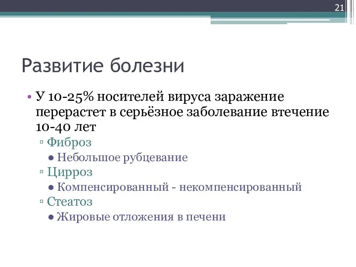 Развитие болезни У 10-25% носителей вируса заражение перерастет в серьёзное