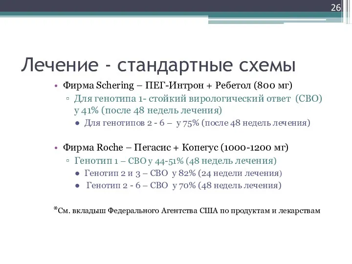 Лечение - стандартные схемы Фирма Schering – ПЕГ-Интрон + Ребетол