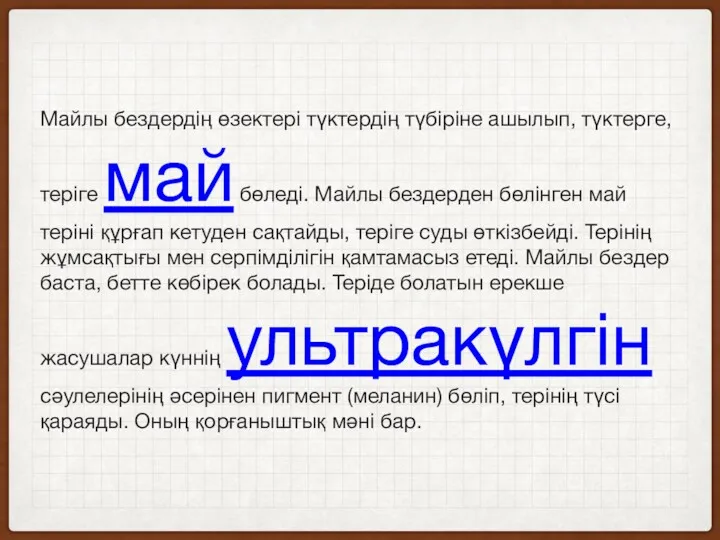 Майлы бездердің өзектері түктердің түбіріне ашылып, түктерге, теріге май бөледі. Майлы бездерден бөлінген