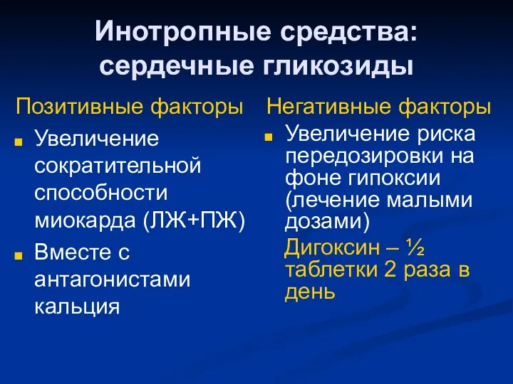 Инотропные средства: сердечные гликозиды Позитивные факторы Увеличение сократительной способности миокарда