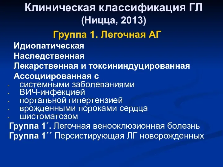 Группа 1. Легочная АГ Идиопатическая Наследственная Лекарственная и токсининдуцированная Ассоциированная