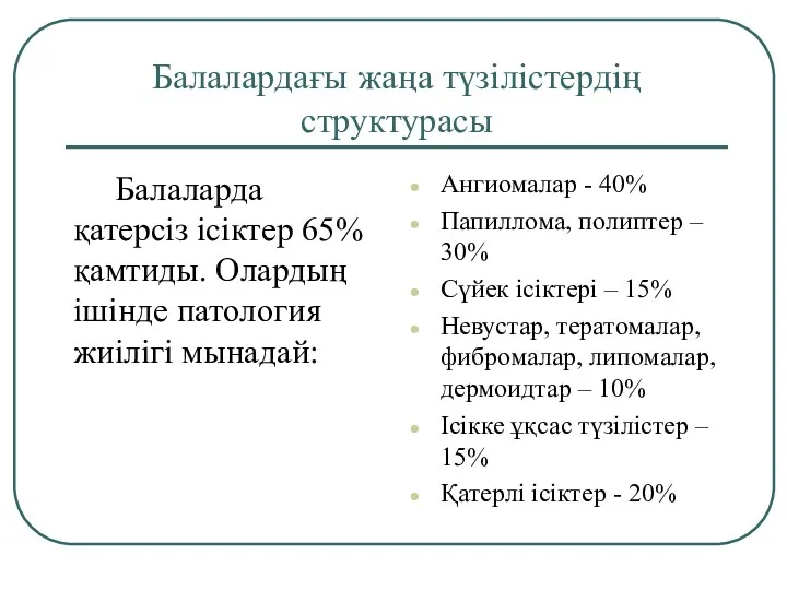 Балалардағы жаңа түзілістердің структурасы Балаларда қатерсіз ісіктер 65% қамтиды. Олардың