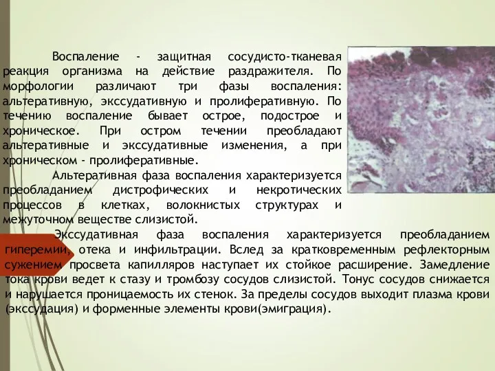 Воспаление - защитная сосудисто-тканевая реакция организма на действие раздражителя. По