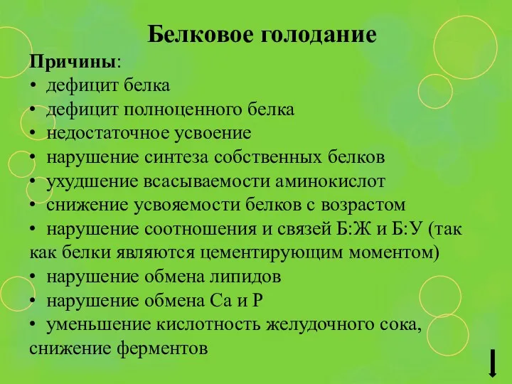 Белковое голодание Причины: • дефицит белка • дефицит полноценного белка