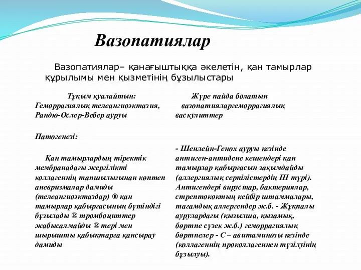 Вазопатиялар Вазопатиялар– қанағыштыққа әкелетін, қан тамырлар құрылымы мен қызметінің бұзылыстары