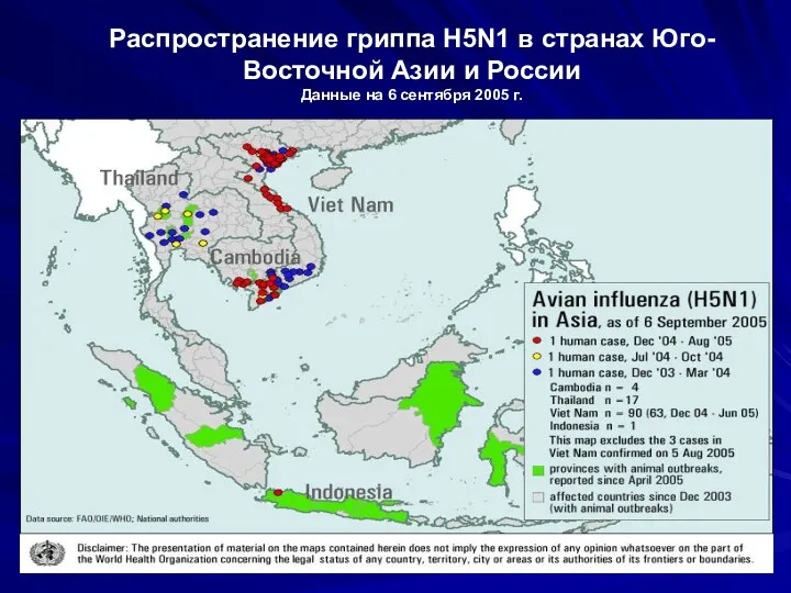 Распространение гриппа H5N1 в странах Юго-Восточной Азии и России Данные на 6 сентября 2005 г.