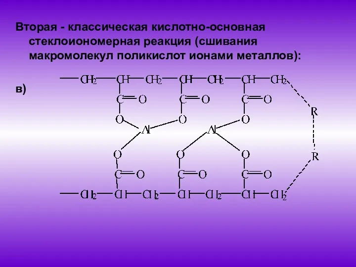 Вторая - классическая кислотно-основная стеклоиономерная реакция (сшивания макромолекул поликислот ионами металлов): в)