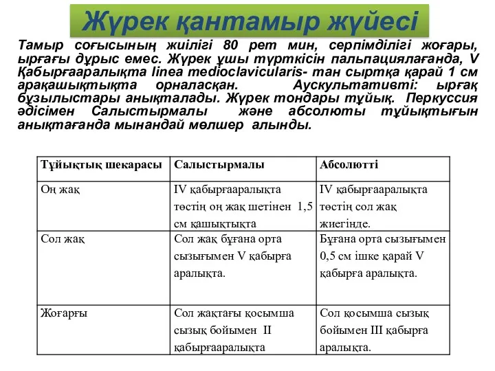 Жүрек қантамыр жүйесі Тамыр соғысының жиілігі 80 рет мин, серпімділігі