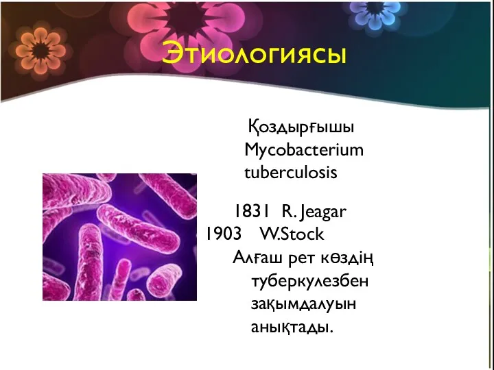 Этиологиясы Қоздырғышы Mycobacterium tuberculosis 1831 R. Jeagar W.Stock Алғаш рет көздің туберкулезбен зақымдалуын анықтады.