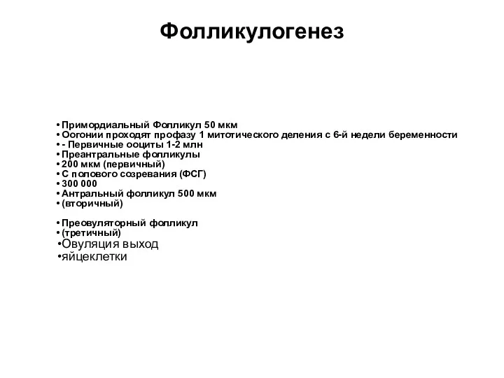 Фолликулогенез Примордиальный Фолликул 50 мкм Оогонии проходят профазу 1 митотического