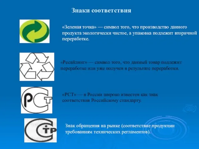 Знаки соответствия «Ресайлинг» — символ того, что данный товар подлежит переработке или уже