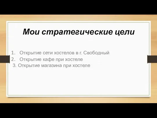 Мои стратегические цели Открытие сети хостелов в г. Свободный Открытие