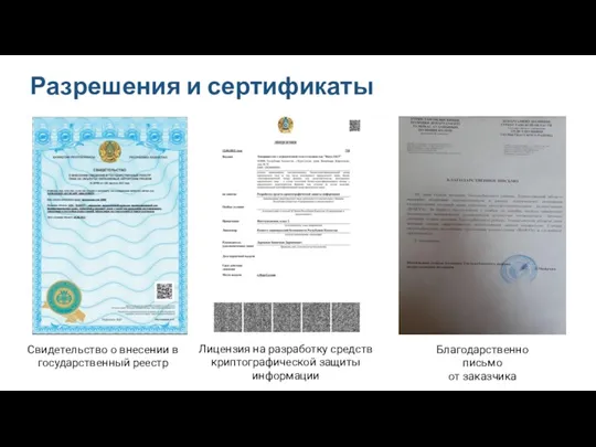 Разрешения и сертификаты Свидетельство о внесении в государственный реестр Лицензия