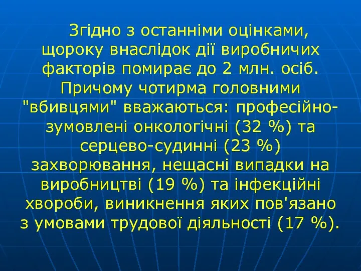 Згідно з останніми оцінками, щороку внаслідок дії виробничих факторів поми­рає