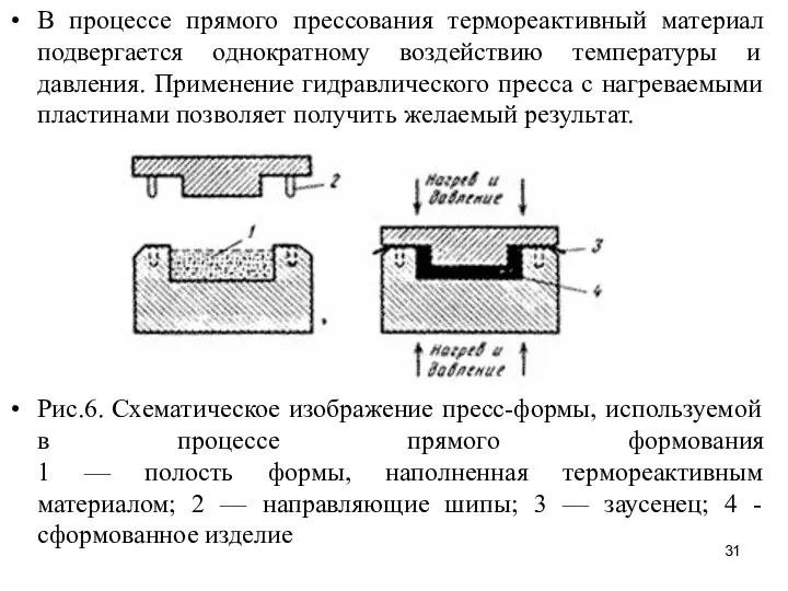 В процессе прямого прессования термореактивный материал подвергается однократному воздействию температуры