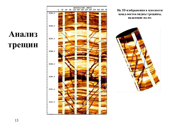Анализ трещин На 3D изображении в плоскости запад-восток видны трещины, падающие на юг.