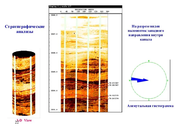 Стратиграфические анализы На разрезе виден палеопоток западного направления внутри канала Азимутальная гистограмма
