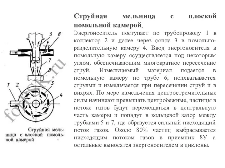 Струйная мельница с плоской помольной камерой. Энергоноситель поступает по трубопроводу