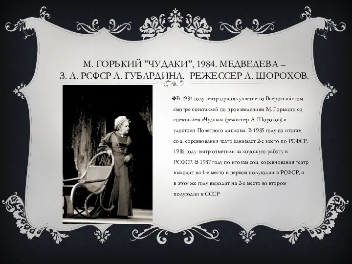 В 1984 году театр принял участие во Всероссийском смотре спектаклей по произведениям М.