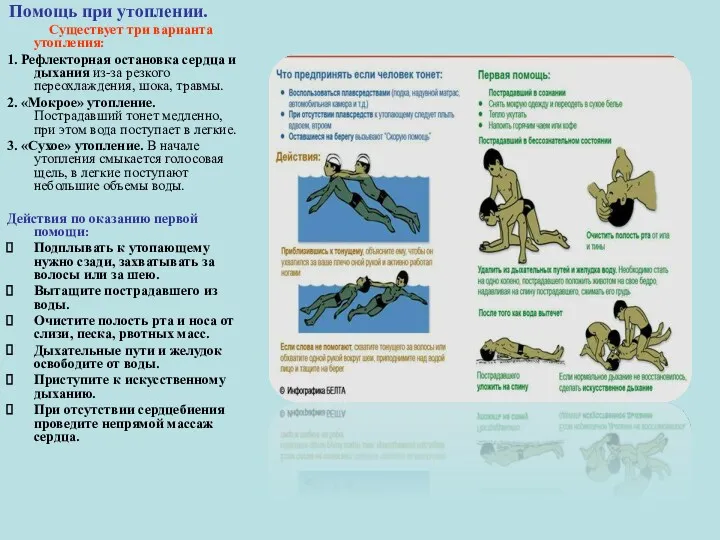 Помощь при утоплении. Существует три варианта утопления: 1. Рефлекторная остановка