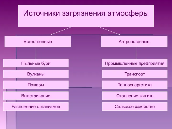 Источники загрязнения атмосферы Естественные Антропогенные Вулканы Транспорт Разложение организмов Отопление