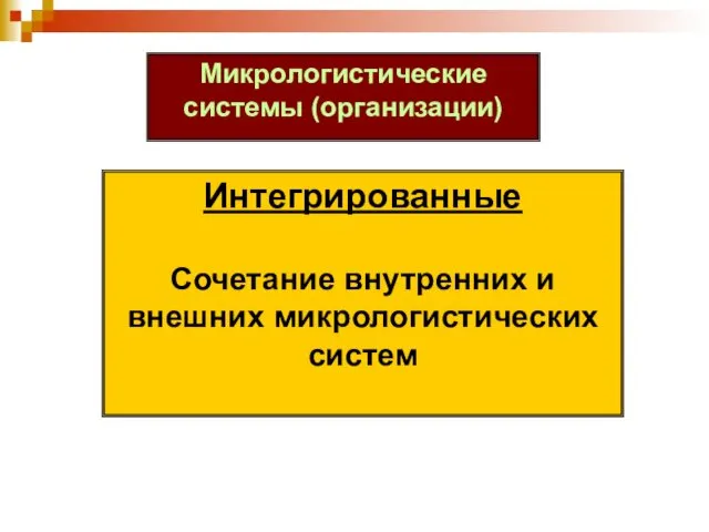 Микрологистические системы (организации) Интегрированные Сочетание внутренних и внешних микрологистических систем