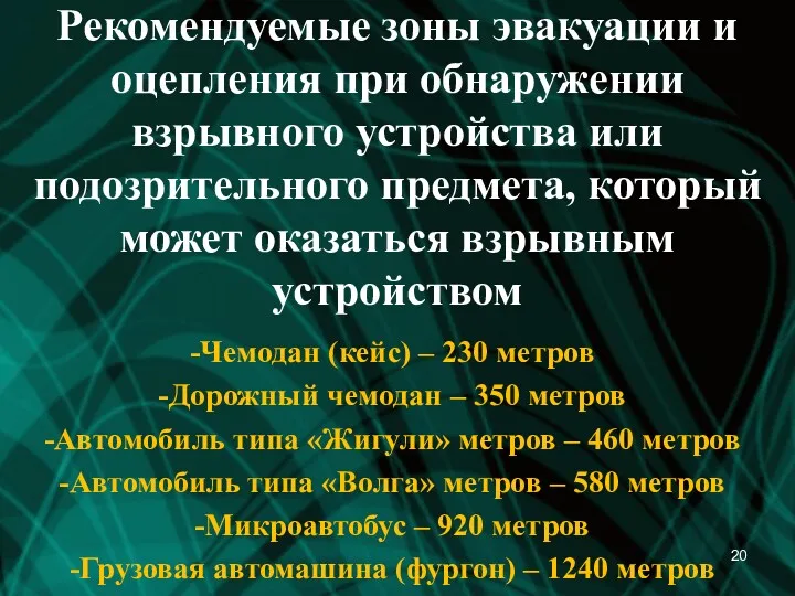 Рекомендуемые зоны эвакуации и оцепления при обнаружении взрывного устройства или