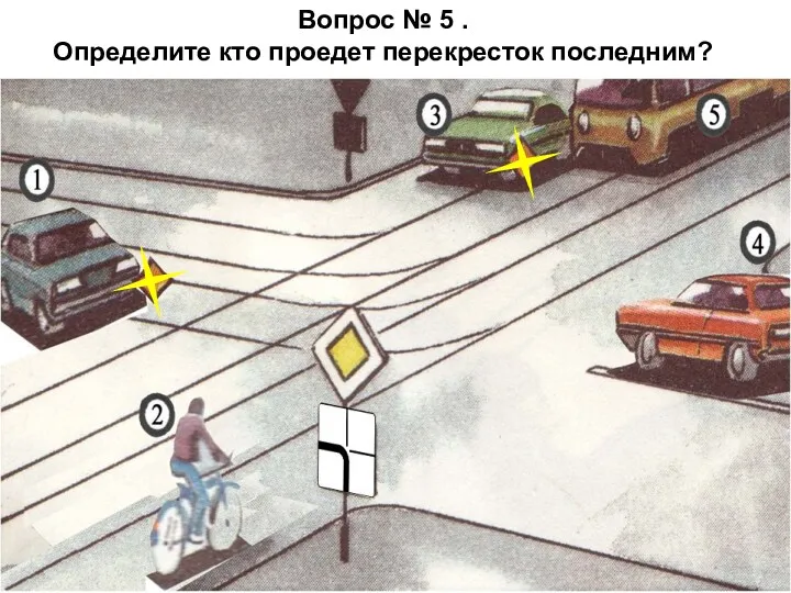 Вопрос № 5 . Определите кто проедет перекресток последним?