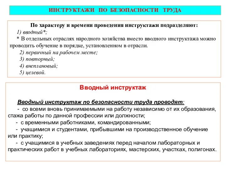 По характеру и времени проведения инструктажи подразделяют: 1) вводный*; *