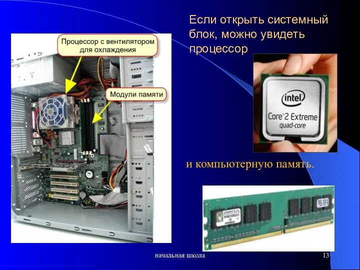 Если открыть системный блок, можно увидеть процессор начальная школа и компьютерную память.