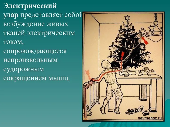 Электрический удар представляет собой возбуждение живых тканей электрическим током, сопровождающееся непроизвольным судорожным сокращением мышц.