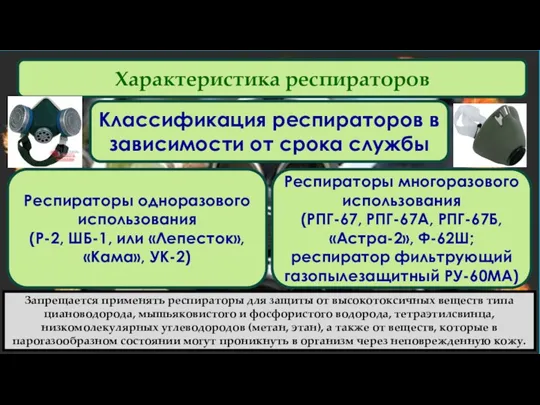 Характеристика респираторов Классификация респираторов в зависимости от срока службы Респираторы