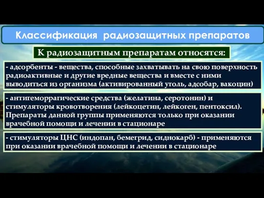 Классификация радиозащитных препаратов К радиозащитным препаратам относятся: - адсорбенты -