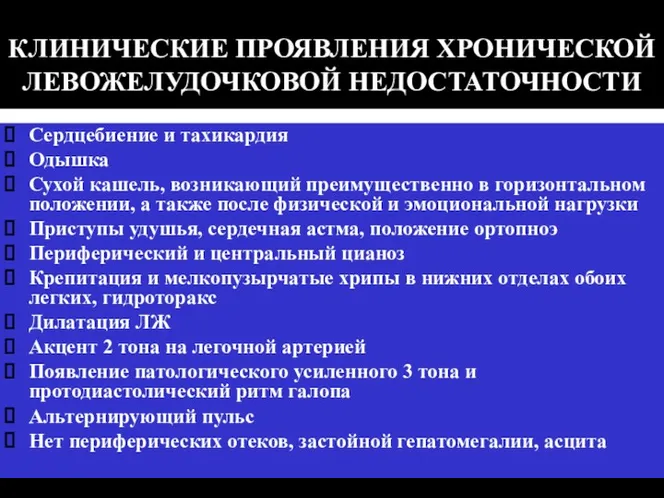 (По М.Фриду и С.Грайнсу (1996), Харрисону(1995) КЛИНИЧЕСКИЕ ПРОЯВЛЕНИЯ ХРОНИЧЕСКОЙ ЛЕВОЖЕЛУДОЧКОВОЙ