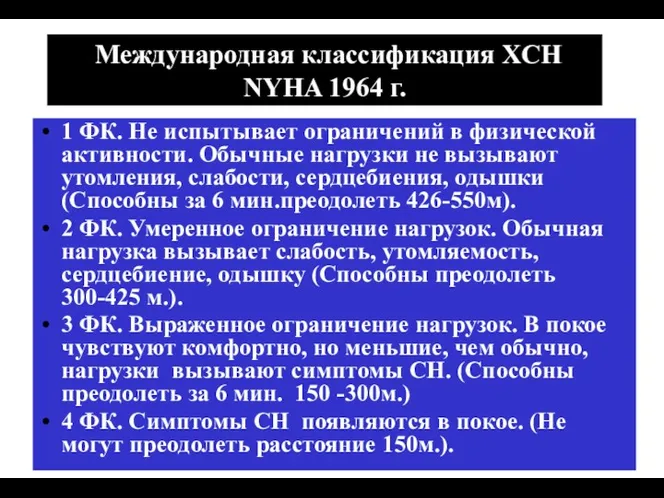 (По М.Фриду и С.Грайнсу (1996), Харрисону(1995) Международная классификация ХСН NYHA