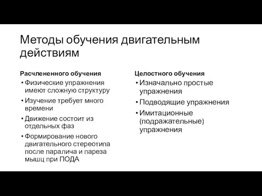 Методы обучения двигательным действиям Расчлененного обучения Физические упражнения имеют сложную