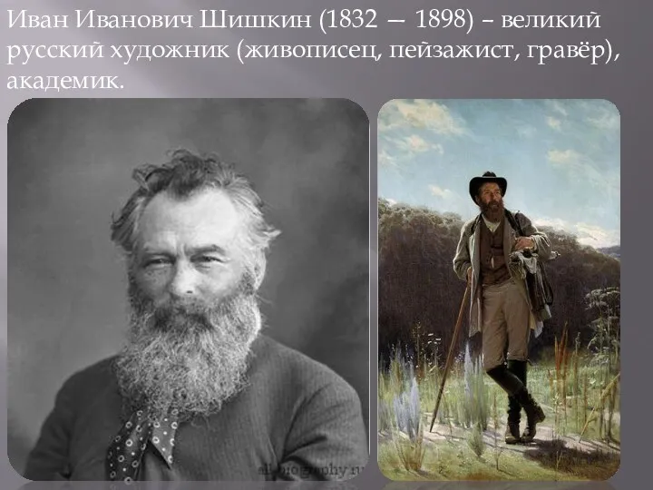 Иван Иванович Шишкин (1832 — 1898) – великий русский художник (живописец, пейзажист, гравёр), академик.