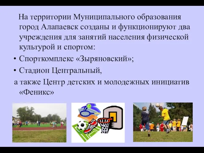На территории Муниципального образования город Алапаевск созданы и функционируют два учреждения для занятий