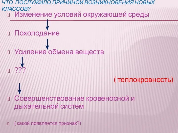 ЧТО ПОСЛУЖИЛО ПРИЧИНОЙ ВОЗНИКНОВЕНИЯ НОВЫХ КЛАССОВ? Изменение условий окружающей среды