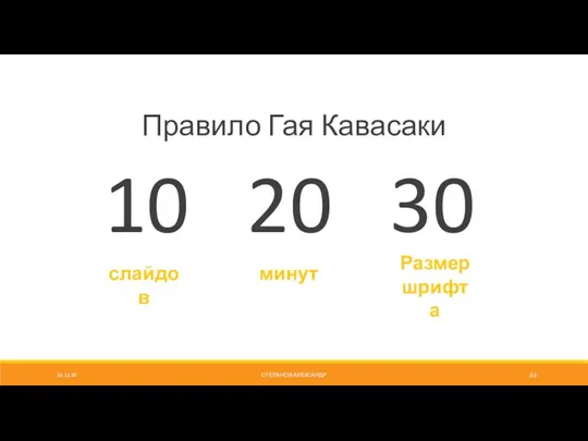 СТЕПАНОВ АЛЕКСАНДР Правило Гая Кавасаки 10 20 30 слайдов минут Размер шрифта 16.12.18