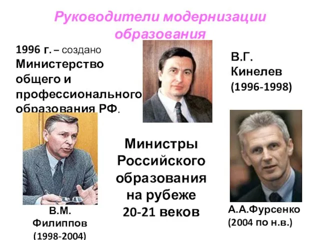 Руководители модернизации образования 1996 г. – создано Министерство общего и