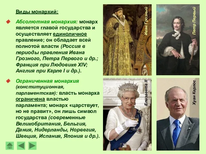 Виды монархий: Абсолютная монархия: монарх является главой государства и осуществляет