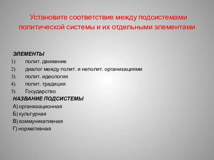 Установите соответствие между подсистемами политической системы и их отдельными элементами