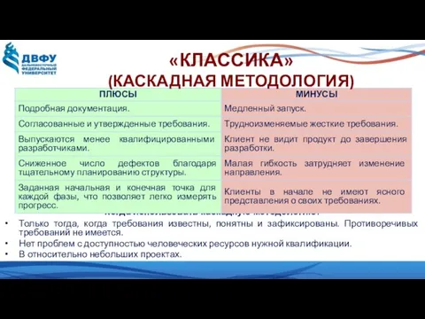 Когда использовать каскадную методологию? Только тогда, когда требования известны, понятны