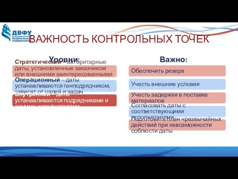 ВАЖНОСТЬ КОНТРОЛЬНЫХ ТОЧЕК Уровни: Стратегический – авторитарные даты, установленные заказчиком