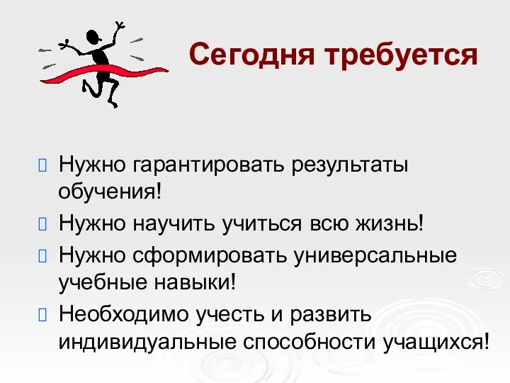 Сегодня требуется Нужно гарантировать результаты обучения! Нужно научить учиться всю